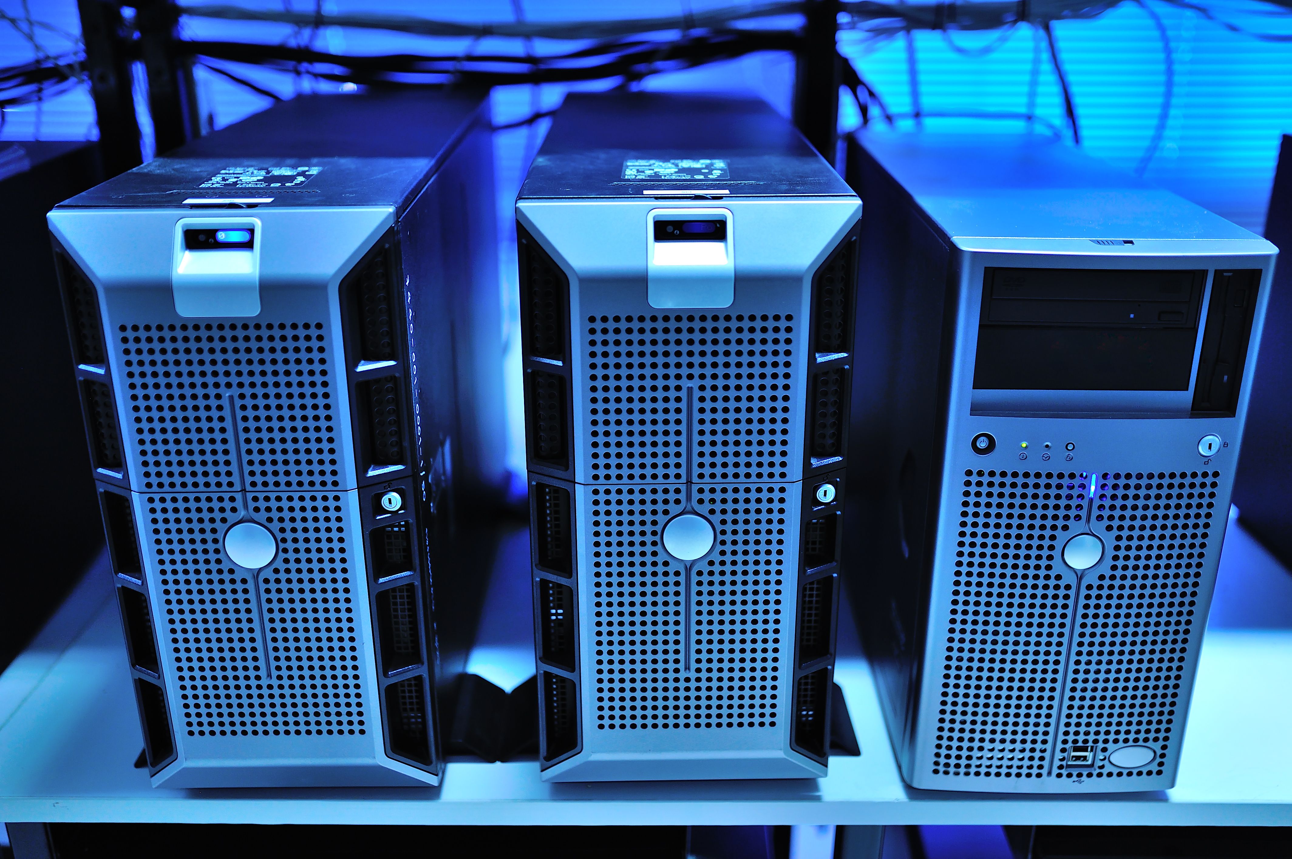 Close-up of modern rack-mounted server units in a supercomputer data center